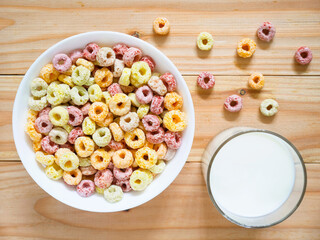 Colorful fruity breakfast cereal in a bowl