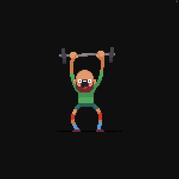 Pixel art bearded character beginner powerlifter with his eyes wide opern while lifting small weight