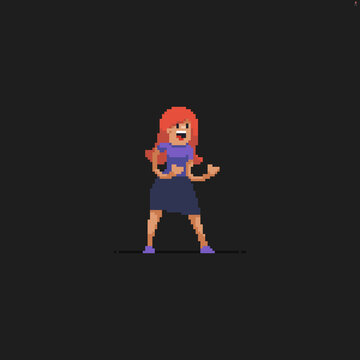 Pixel art redhead girl in office dress presenting something