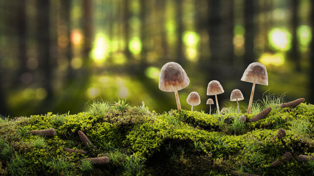 Mossy surface in autumn forest with a small mushrooms, moss, spruce cones and sun ray. Image with a copy space. A background image. Realistic 3d illustration. 