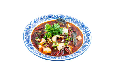 A large pot of boiled fish fillets on white background