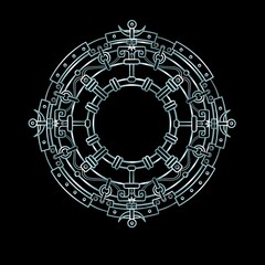 Decorative mystical circle in ethnic style. Linear drawing, the blue contour isolated on a black background. Silver imitation.
