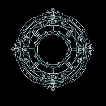 Decorative mystical circle in ethnic style. Linear drawing, the blue contour isolated on a black background. Silver imitation.
