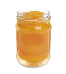 Glass jar with canned peach halves isolated on white