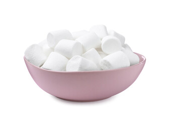Delicious puffy marshmallows in bowl on white background