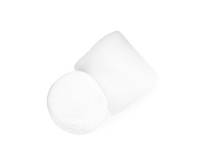 Delicious puffy marshmallows on white background, top view
