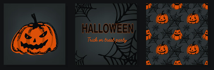 Vector set of Halloween party invitations or greeting cards with pumpkins and webs.