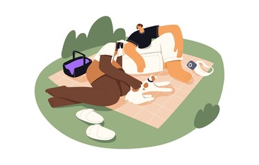 Love couple and dog resting on picnic blanket in nature. Outdoor romantic date of young people. Man and woman with pet relaxing on summer weekend. Flat vector illustration isolated on white background