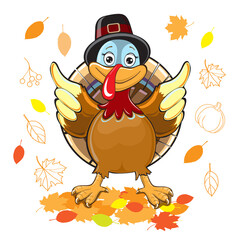funny turkey and autumn leaves by Thanksgiving on a white background