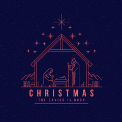 Naklejka premium christmas ,the savior is born banner with soft pink abstract shape line Nativity scene mary wiht jesus and joseph on dark background vector design