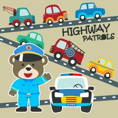 Fototapete Autorennen Cute bear police patrol on highway. Vector childish background for fabric textile, nursery wallpaper, card, poster and other decoration. Vector illustration.