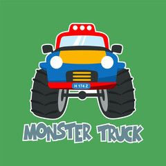 Vector illustration of monster truck with cartoon style. Can be used for t-shirt print, kids wear, invitation card. fabric, textile, nursery wallpaper, poster and other decoration. © Hijaznahwani