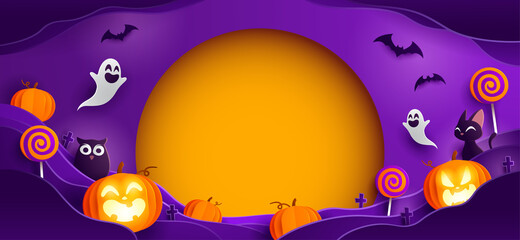 Paper Graphic of Happy Halloween fun party celebration background design. Halloween elements. Wide copy space for design.