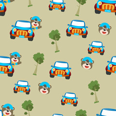 Fototapeta na wymiar Seamless pattern texture with funny animal driving car in the road with village landscape. For fabric textile, nursery, baby clothes, background, textile, wrapping paper and other decoration.