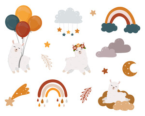 Vector  boho clipart for nursery decoration with cute alpaca (llama), rainbows, moon, cloud, stars. Modern illustration. Perfect for baby shower, birthday, children's party.