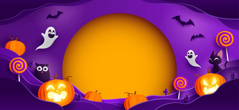 Paper Graphic of Happy Halloween fun party celebration background design. Halloween elements. Wide copy space for design.