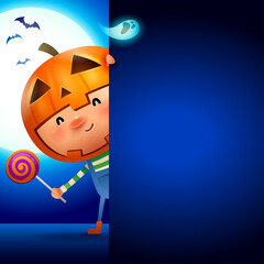Pumpkin Kid with big blank signboard under the moonlight. Wide copy space for design.