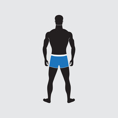 Fototapeta premium Man silhouette with slim figure. An impersonal character in swimming trunks. Male person of normal weight. Healthy lifestyle. Back view. Adult character with moderate fat level. Isolated flat vector
