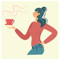 Young modern girl holding a red cup of coffee in her hands. An ambitious woman in a red sweater and jeans offers tea or coffee. Enjoy your coffee. Vector design for advertising hot drinks. Flat style