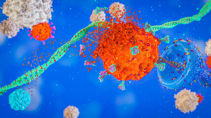 Fototapeta na wymiar COVID-19 virus SARS-COV-2 delta variant coronavirus attacking a cell receptor being destroyed by antibodies B-Cell with T-Cell background and DNA ARN, covid-19 delta strain 3d rendering