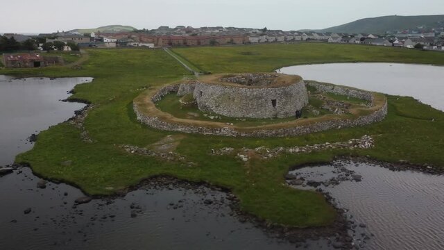 Clickimin Broch, Shetland, Scotland.4K Aerial Drone Video.