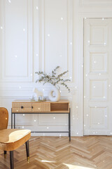 expensive modern light luxury interior design of a spacious living room with wooden elements and white walls. filled with original and unusual decorative things