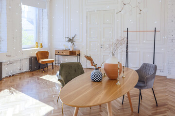 expensive modern light luxury interior design of a spacious living room with wooden elements and white walls. filled with original and unusual decorative things