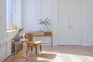 expensive modern light luxury interior design of a spacious living room with wooden elements and white walls. filled with original and unusual decorative things
