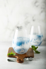 Refreshing blue matcha drink with fresh mint