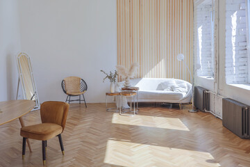 expensive modern light luxury interior design of a spacious living room with wooden elements and...