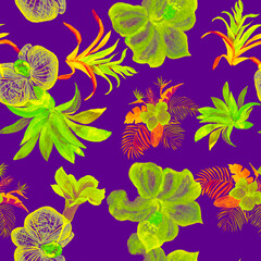 Pink Hibiscus Textile. Green Flower Plant. Yellow Watercolor Palm. Floral Textile. Seamless Backdrop. Pattern Set. Tropical Print.Fashion Textile.
