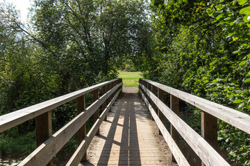 Fototapeta na wymiar Wooden bridge on a hiking path in Sweden's countryside