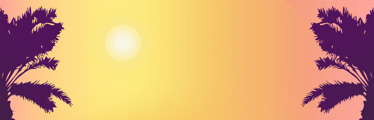 Sunny background of sunrise or sunset on the tropical coast. Silhouette of a  two palms tree lit by the sun 