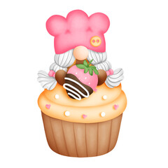 Digital painting watercolor baker gnomes elements, cupcake gnome isolated on white background