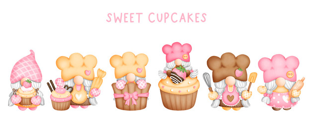 Digital painting watercolor Little Chef Gnome, Baker Gnome greetings card. Cupcake Gnome banner © ChonnieArtwork 