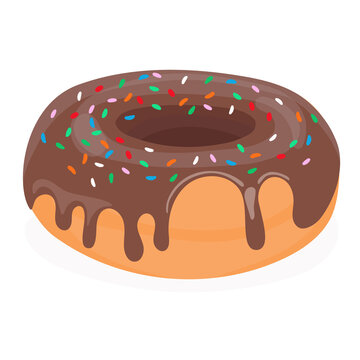 Donut - delicious dessert for sweet tooth, flat cartoon vector drawing. Children's food for the holiday, beautifully decorated cupcake.