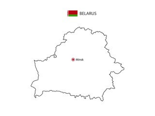 Hand draw thin black line vector of Belarus Map with capital city Minsk on white background.