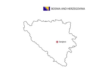 Fototapeta premium Hand draw thin black line vector of Bosnia and Herzegovina Map with capital city Sarajevo on white background.