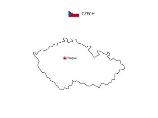 Hand draw thin black line vector of Czech Republic Map with capital city Prague on white background.