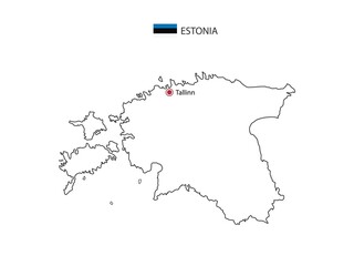 Hand draw thin black line vector of Estonia Map with capital city Tallinn on white background.