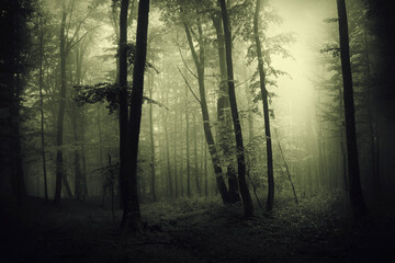 green fog in the woods, scary landscape