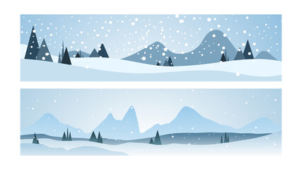 Hello winter with pine forest and snowy mountains ,Winter design background for content online or web, banner and template, Simple cartoon flat style,  illustration Vector EPS 10