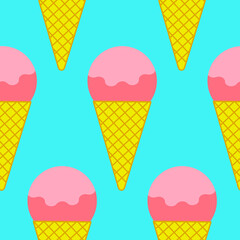 Seamless pattern ice cream strawberry ball in a waffle cone