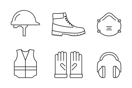 Work safety concept. Safety equipment line icon set. PPE, personal protection equipment. Construction industry. Protective helmet, mask, shoe, vest, gloves, headphones. Vector illustration, clip art.