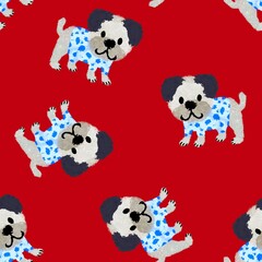 Abstract Hand Drawing Furry Cute Bulldogs Seamless Pattern Isolated Background