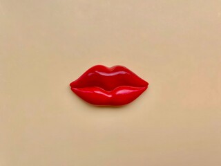 Female red lips isolated on light skin color background.  Plastic lips.  Flat lay, top view, copy space.  Beauty and cosmetology concept.  Minimalistic composition. - obrazy, fototapety, plakaty