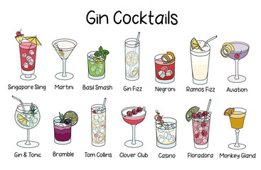 Collection set of classic gin based cocktails Gin and Tonic, Ramos Fizz, Bramble, Basil Smash, Negroni, Aviation, Clover Club, Monkey Gland, Casino etc. Cartoon doodle style vector illustration