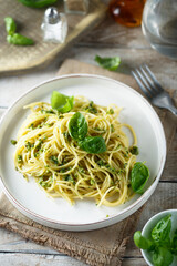 Spaghetti with homemade pesto sauce
