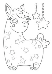 Cartoon page for coloring book with lama and stars, hand-drawn vector illustration.