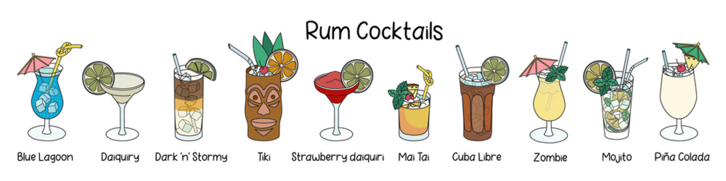 Collection set of classic rum based cocktails Cuba Libre, Mojito, Tiki, Pina Colada, Maitai, Zombie, Blue Lagoon, Dark and Stormy, etc. Cartoon doodle style vector illustration